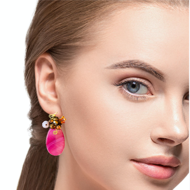 Handmade Earrings Pear Gemstone Pink Beads Jewelry