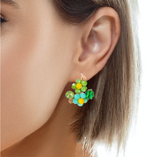 Handmade Earrings Floral Green Blue Beads Jewelry