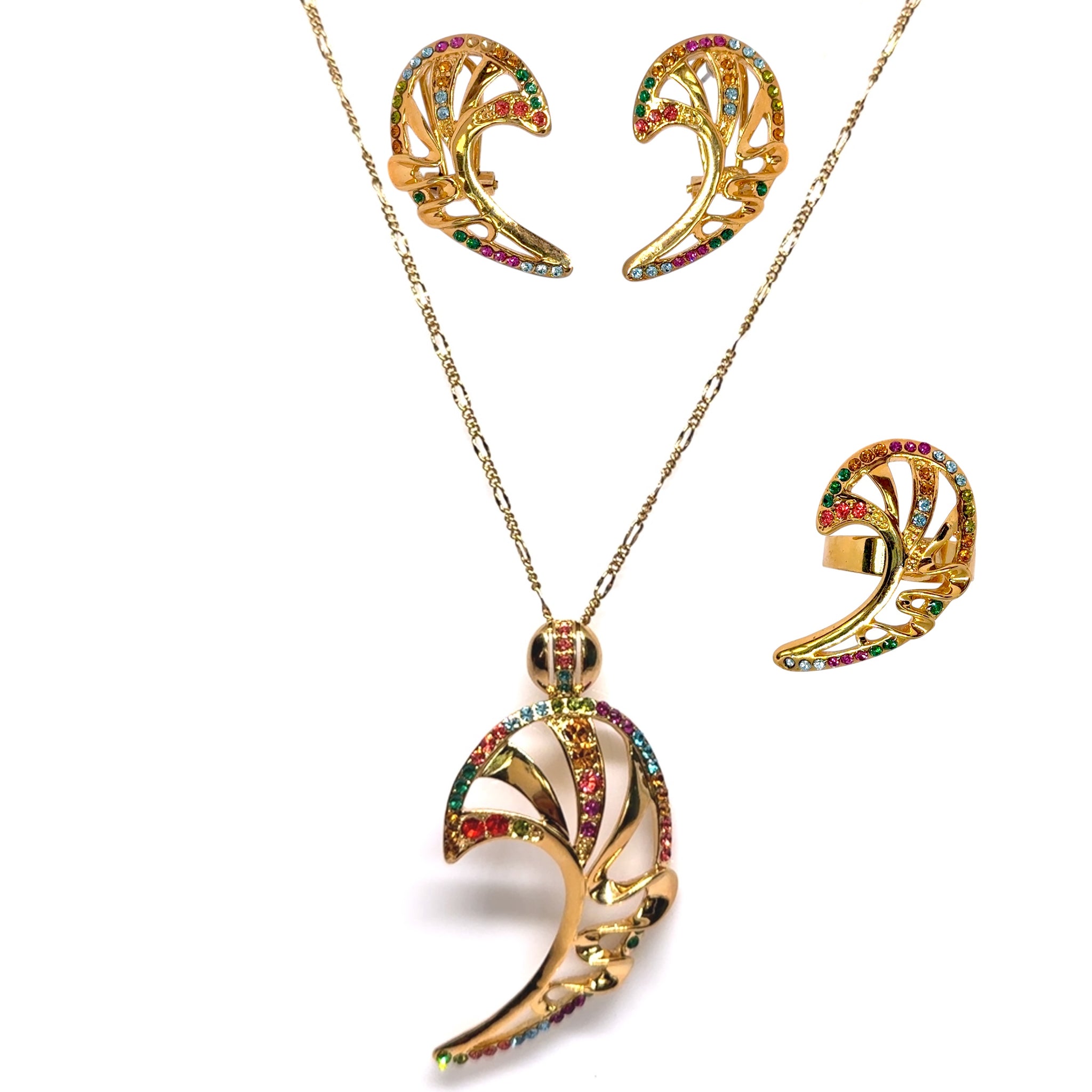Contemporary Pendant Chain Earring with Ring Aurora Abstract Leaf Design with Swarovski Jewellery Set