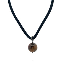 Natural Tiger's Eye Gemstone 18mm Ball with Black Twisted Cord Pendant Necklace