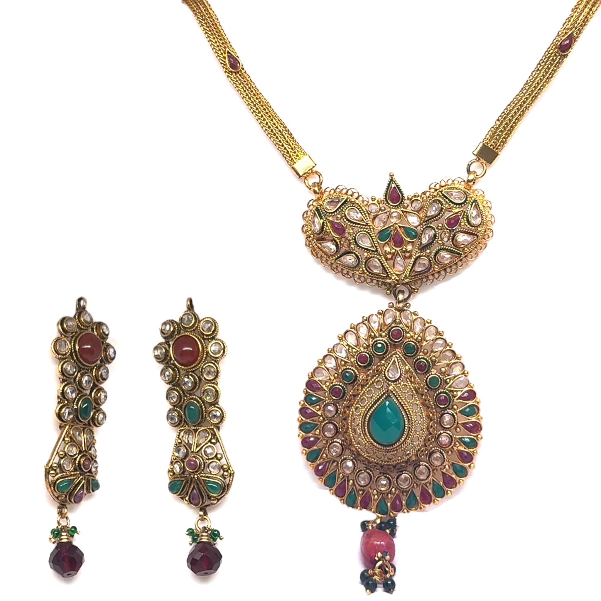 Royal Polki Traditional Heritage Style Pendant Necklace Earrings Gold Plated Bridal Jewellery Set