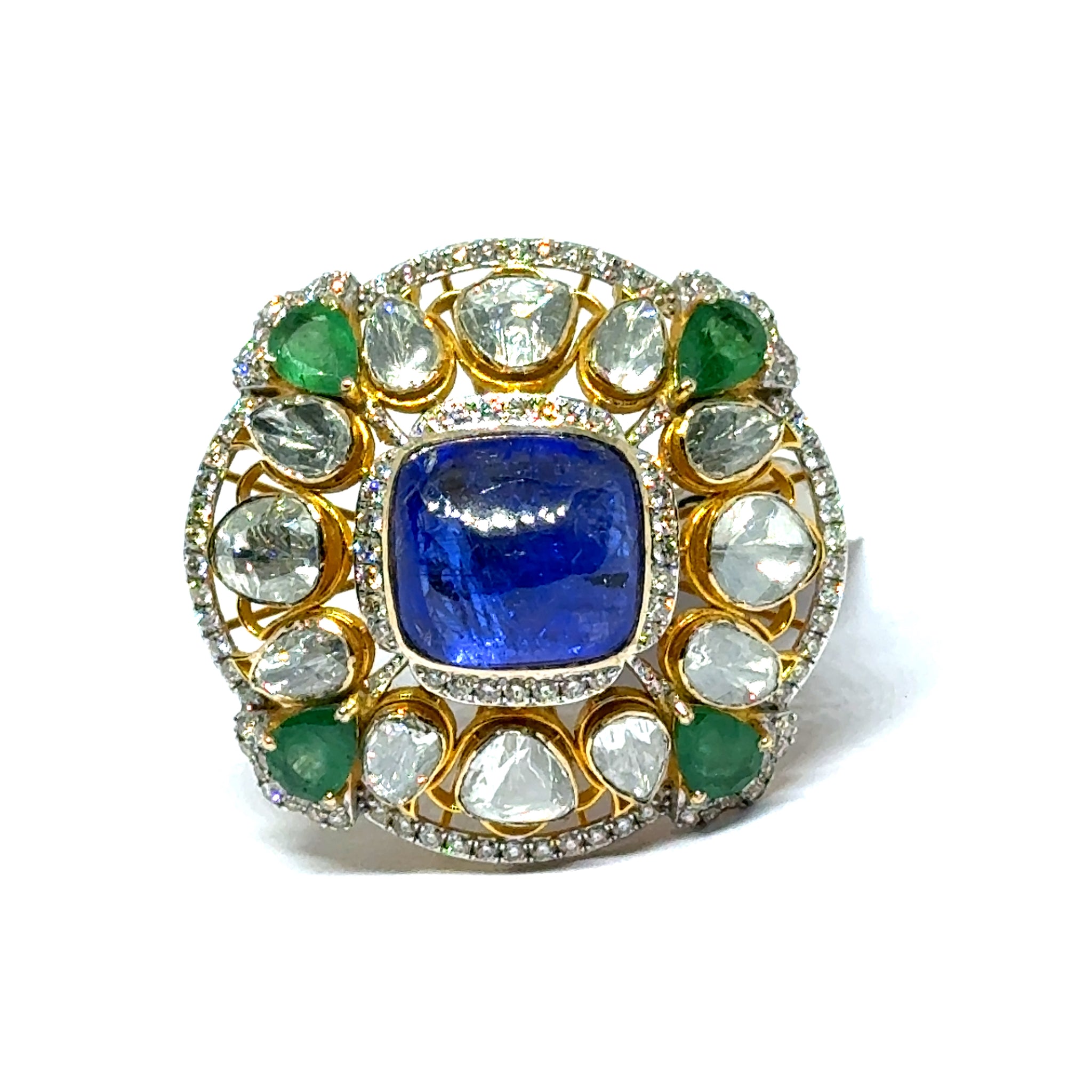 14K Yellow Gold Diamond Polki Tanzanite Emerald Ring – Colorful Blend of Gemstones in Royal Setting