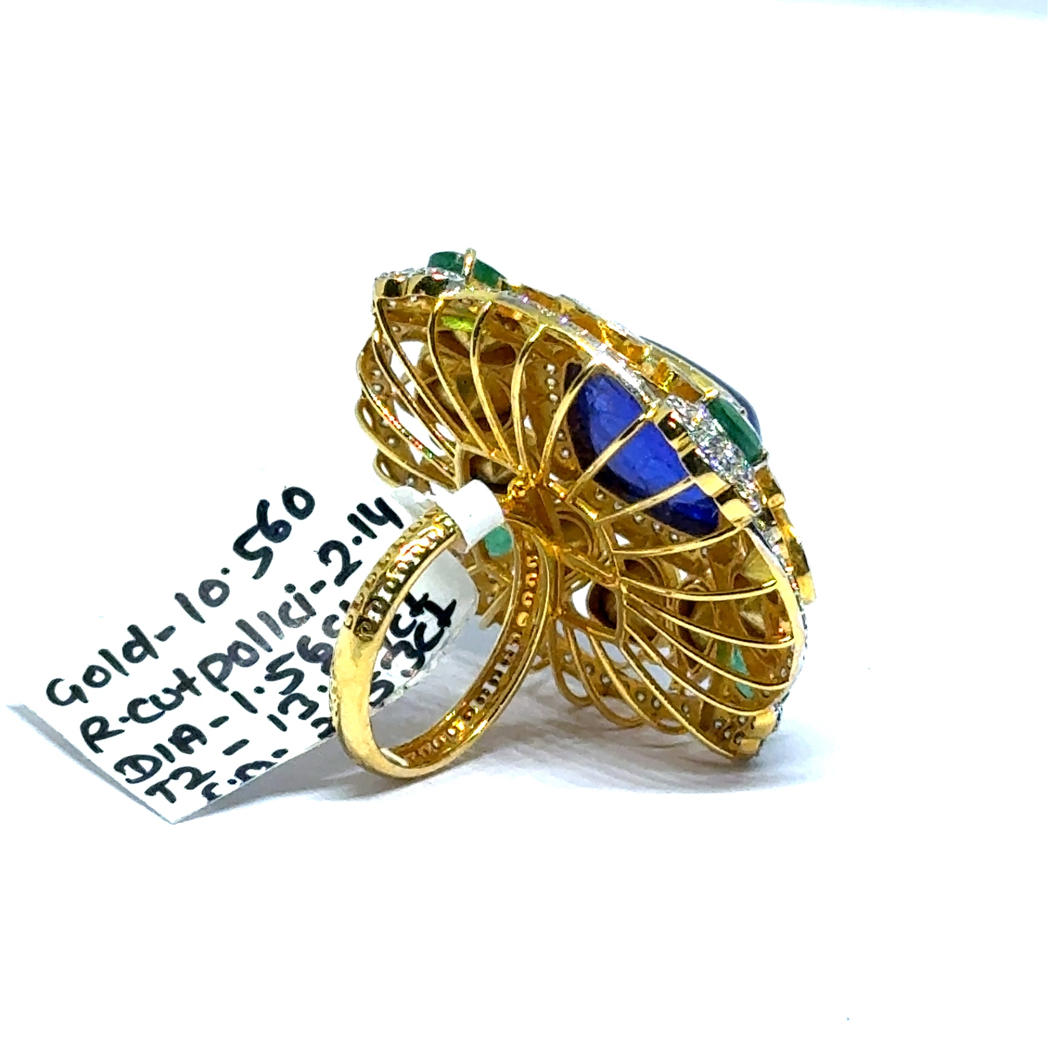 14K Yellow Gold Diamond Polki Tanzanite Emerald Ring – Colorful Blend of Gemstones in Royal Setting