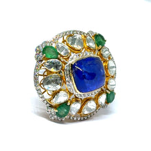 14K Yellow Gold Diamond Polki Tanzanite Emerald Ring – Colorful Blend of Gemstones in Royal Setting