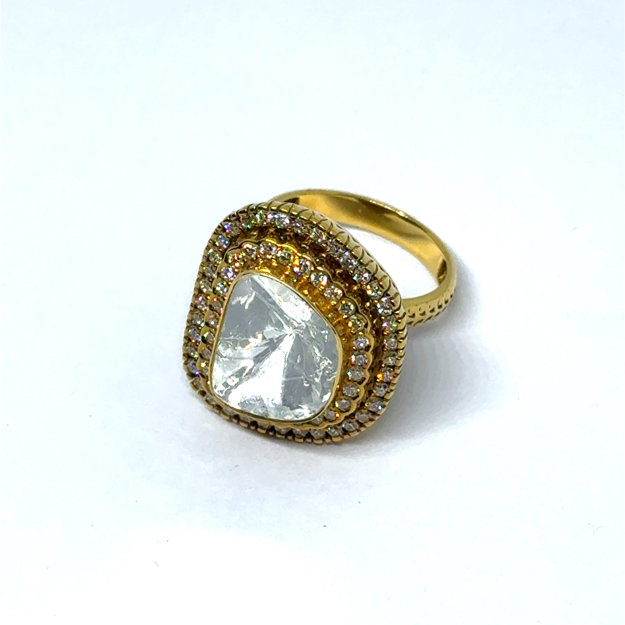 14K Yellow Gold Diamond Polki Ring – Triple Halo Layered Design in Timeless Ethnic Glamour
