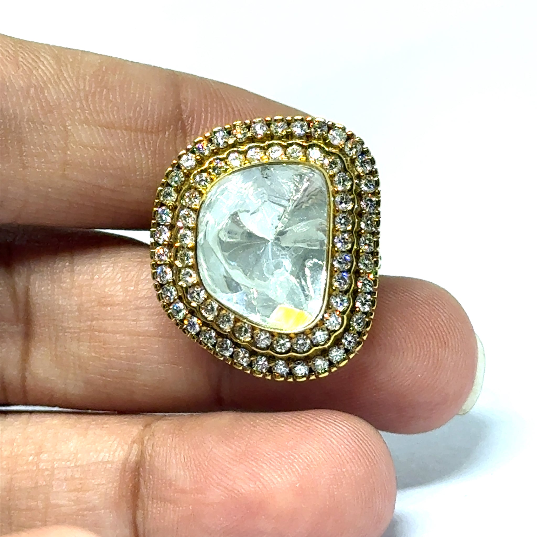 14K Yellow Gold Diamond Polki Ring – Triple Halo Layered Design in Timeless Ethnic Glamour