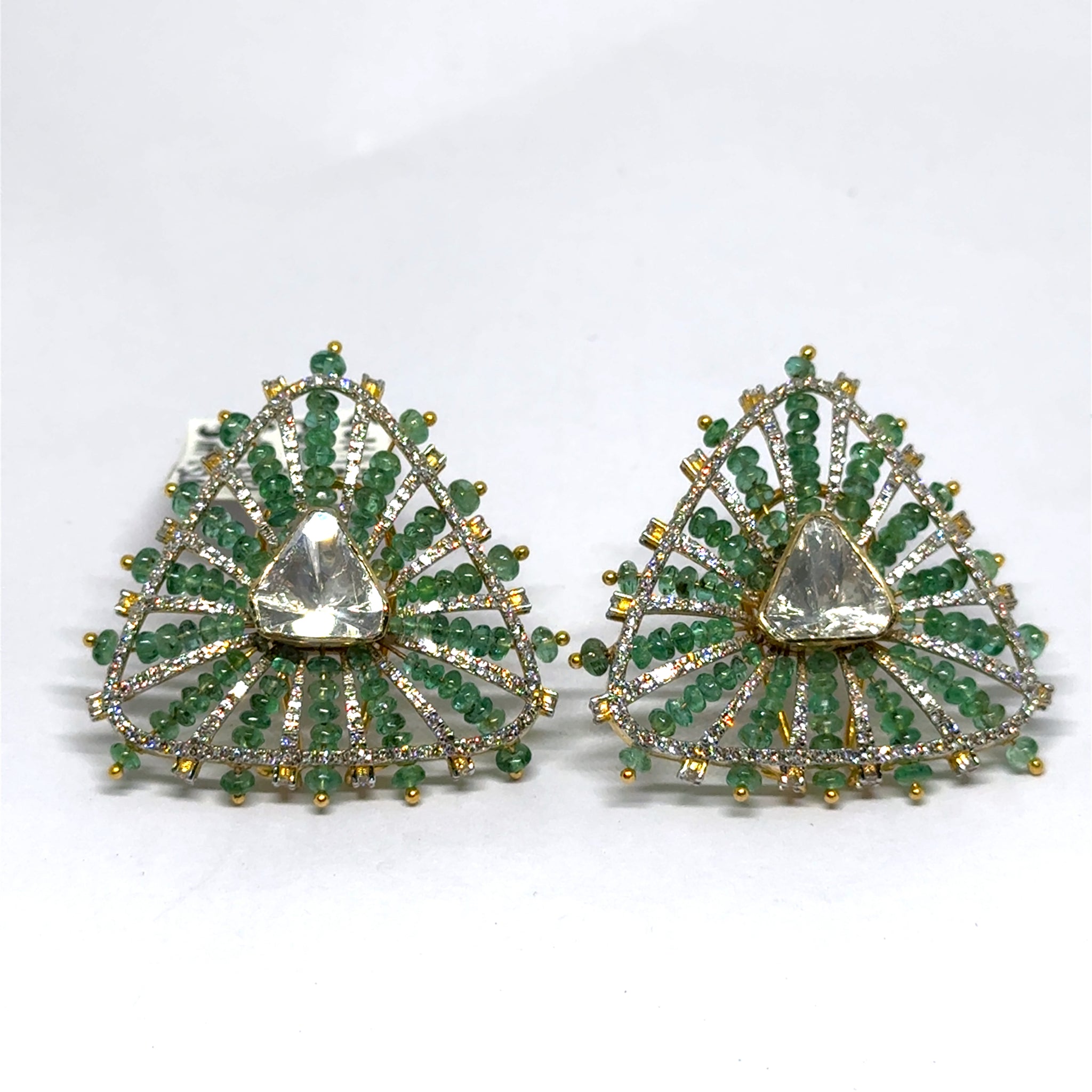 18K Yellow Gold Diamond Polki Emerald Earrings – Heritage Look Featuring Vibrant Precious Gemstone Jewellery