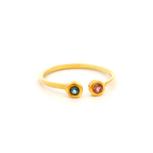 18K Yellow Gold Open Cuff Ring | Bezel-Set Pink & Green Tourmaline | Modern Minimalist Knuckle Design
