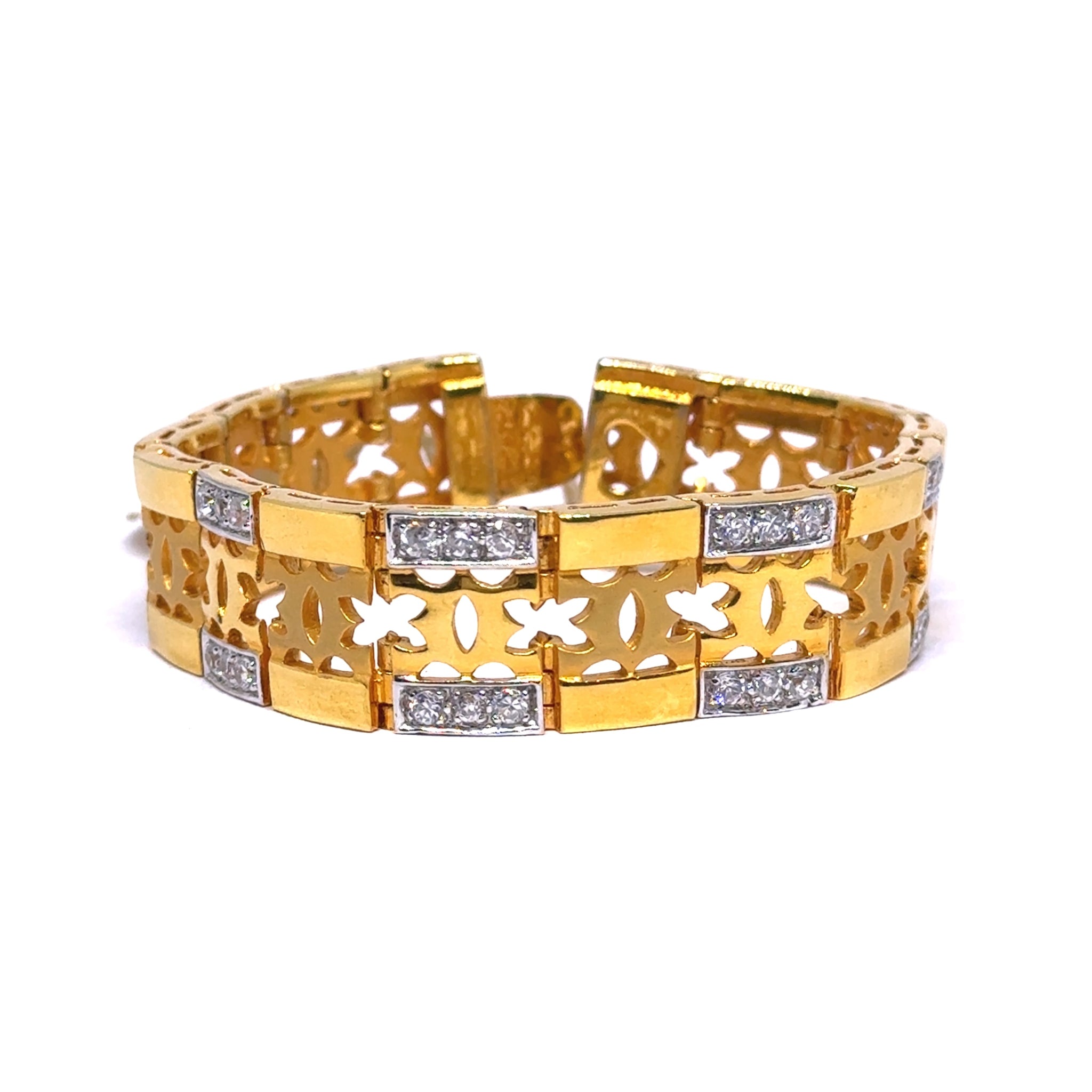 Yellow Gold CZ Floral Link Bracelet – Elegant Unisex Style with Polished Finish
