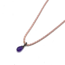 Amethyst Natural Gemstone 14mm Drop Shape Pendant Pink Twisted Cord Necklace Known For Peaceful Energy And Clarity