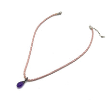 Amethyst Natural Gemstone 14mm Drop Shape Pendant Pink Twisted Cord Necklace Known For Peaceful Energy And Clarity