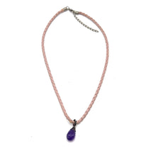 Amethyst Natural Gemstone 14mm Drop Shape Pendant Pink Twisted Cord Necklace Known For Peaceful Energy And Clarity