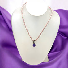 Amethyst Natural Gemstone 14mm Drop Shape Pendant Pink Twisted Cord Necklace Known For Peaceful Energy And Clarity