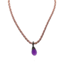 Amethyst Natural Gemstone 14mm Drop Shape Pendant Pink Twisted Cord Necklace Known For Peaceful Energy And Clarity