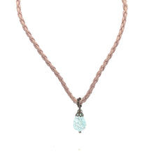 Blue Glass Drop Stone 16mm With Light Pink Twisted Cord Stylish Boho Pendant Necklace Evoking Calm Serene Visual Energy