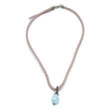 Blue Glass Drop Stone 16mm With Light Pink Twisted Cord Stylish Boho Pendant Necklace Evoking Calm Serene Visual Energy