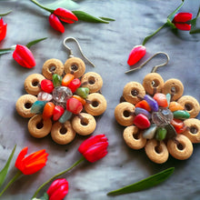 Handmade Earrings Light Coconut Shell Hand Carved Floral Multi Beads Jewelry