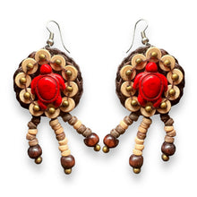 Handmade Earrings Coconut Shell Floral Red Tortoise with Tassels Jewelry