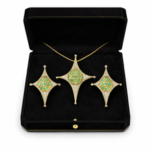 18K Yellow Gold Natural Diamond & Paraiba Tourmaline Starburst Pendant & Earrings Set | Compass Motif Jewelry