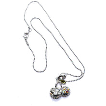 Double Cherry Pendant Beaded Chain 15” Necklace with White Rhinestones – Fun Statement Jewelry - Necklace