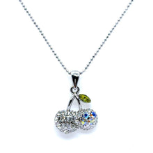 Double Cherry Pendant Beaded Chain 15” Necklace with White Rhinestones – Fun Statement Jewelry - Necklace