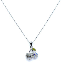 Double Cherry Pendant Beaded Chain 15” Necklace with White Rhinestones – Fun Statement Jewelry - Necklace