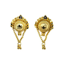 Ethnic Fan-Shaped Gold Tone Earrings with Sunburst Engraving & Heart Enamel Elegant Danglers - Earrings