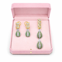 18K Yellow Gold Natural Diamond & Tsavorite Pendant and Earrings Set | Polki Teardrop Statement Fine Jewelry