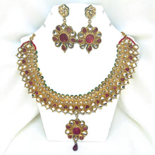 Traditional Kundan Meenakaari Red Stones Gold Plated Full Necklace Earring Jewelry Set - Necklace Earring Set