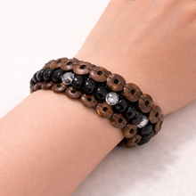 Handcrafted Brown Coconut Shell & Black Onyx Stretchable Bracelet - Eco-Friendly Boho Artisan Jewelry - Bracelet