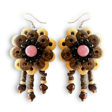 Handmade Earrings Coconut Shell Hand Carved Floral Tassel Pink Beads Jewelry
