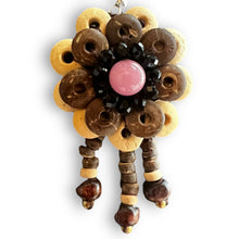 Handmade Earrings Coconut Shell Hand Carved Floral Tassel Pink Beads Jewelry