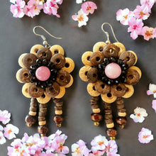 Handmade Earrings Coconut Shell Hand Carved Floral Tassel Pink Beads Jewelry