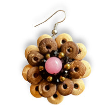 Handmade Earrings Coconut Shell Hand Carved Floral Pink Beads Jewelry
