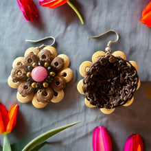Handmade Earrings Coconut Shell Hand Carved Floral Pink Beads Jewelry