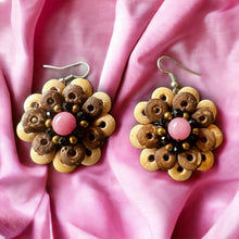 Handmade Earrings Coconut Shell Hand Carved Floral Pink Beads Jewelry