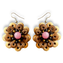 Handmade Earrings Coconut Shell Hand Carved Floral Pink Beads Jewelry