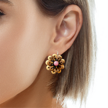 Handmade Earrings Coconut Shell Hand Carved Floral Pink Beads Jewelry