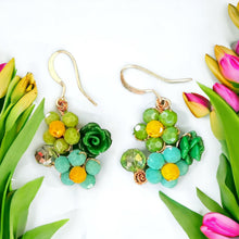 Handmade Earrings Floral Green Blue Beads Jewelry