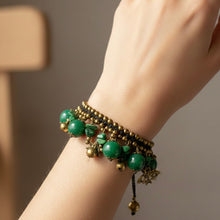 Handmade Artisan Beaded with Green Agate Malachite and Butterfly Bell Charms Jewelry - Bracelet