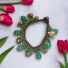 Handmade Bracelet Malachite and Green Agate Butterfly Bells Charms Beaded Beaded 8 Inch Jewelry