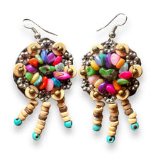 Handmade Earrings Coconut Shell Hand Carved Floral Tassel Multi Beads Jewelry