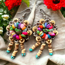 Handmade Earrings Coconut Shell Hand Carved Floral Tassel Multi Beads Jewelry