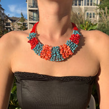 Handmade Bib Choker Ombre Blue Turquoise & Coral Colored Unique Necklace