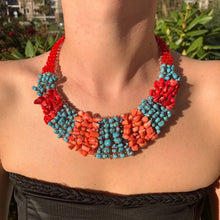 Handmade Bib Choker Ombre Blue Turquoise & Coral Colored Unique Necklace