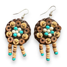 Handmade Earrings Coconut Shell Floral Blue White Gemstone Jewelry