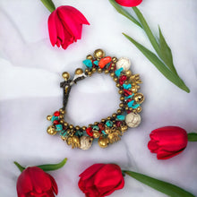 Handmade Bracelet Turquoise, Howlite, Coral Colored Elephant Bells Charms Colorful Beads Beaded 8 Inch Jewelry
