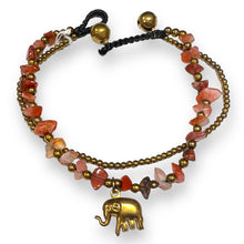 Handmade Bracelet Red Jasper Trinket Charms Elephant with Bells Beaded 8 Inch Jewelry
