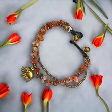 Handmade Bracelet Red Jasper Trinket Charms Elephant with Bells Beaded 8 Inch Jewelry