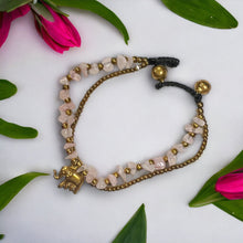 Handmade Bracelet Rose Quartz Trinket Charms Elephant with Bells Beaded 8 Inch Jewelry